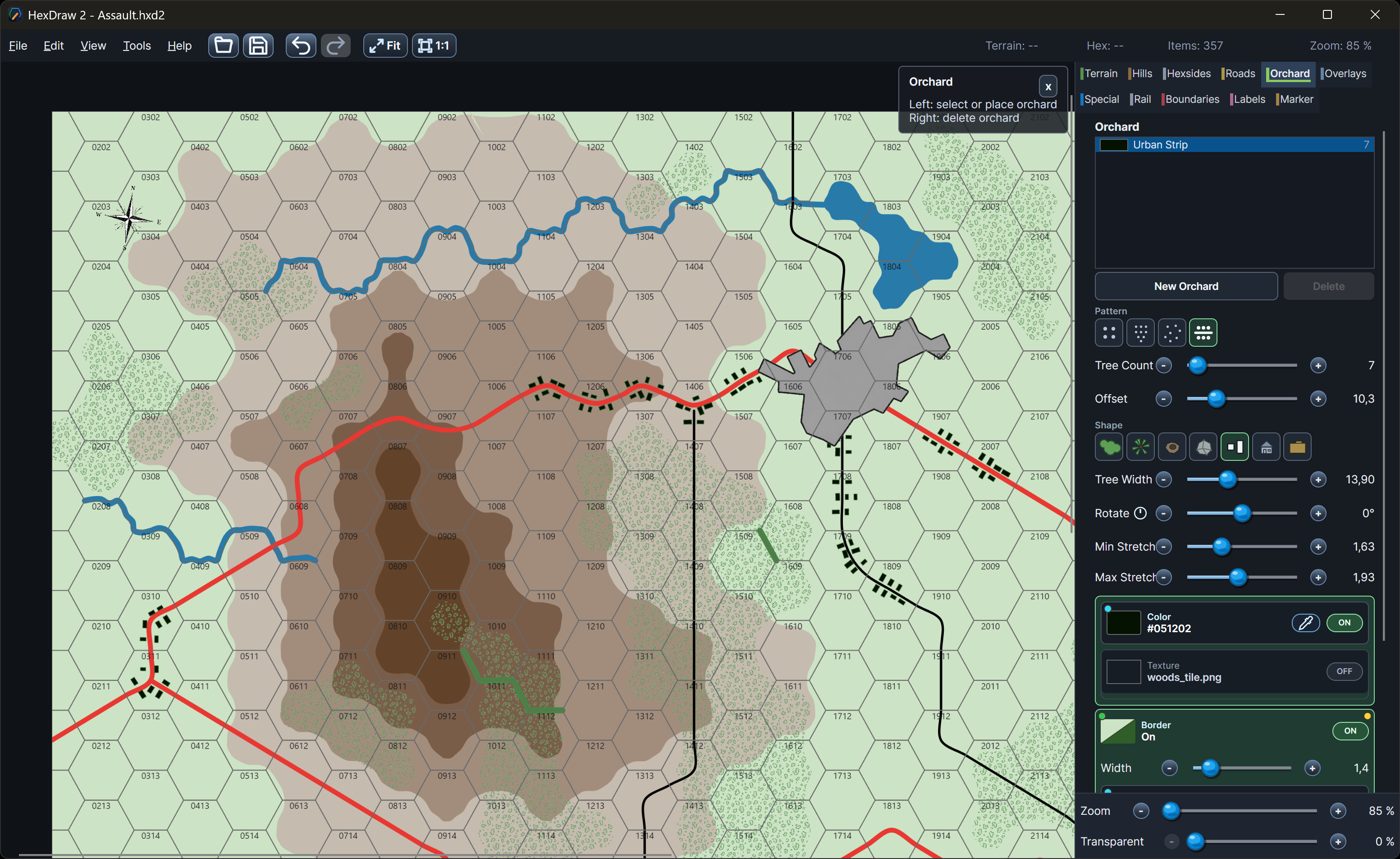 HexDraw 2 urban strip map editor showing buildings, roads, hills, rivers and orchard controls